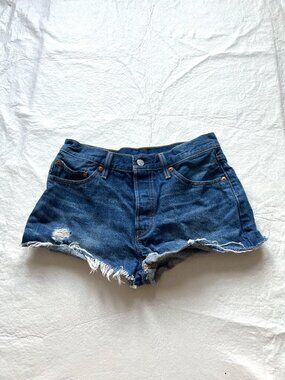 Levis jean short shorts distressed denim 28" waist cut offs button fly 501